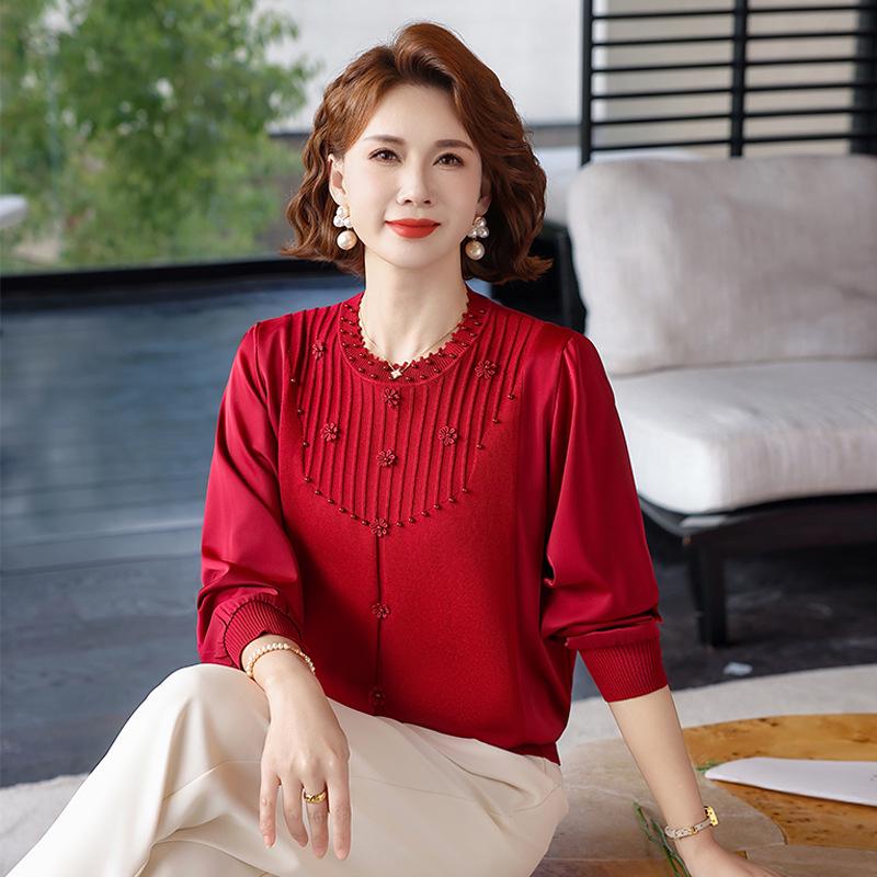 

Chic Summer Beaded Knitwear T-Shirt for Middle-Aged Women with Gauze Sleeves XL (100-110 lbs) красный