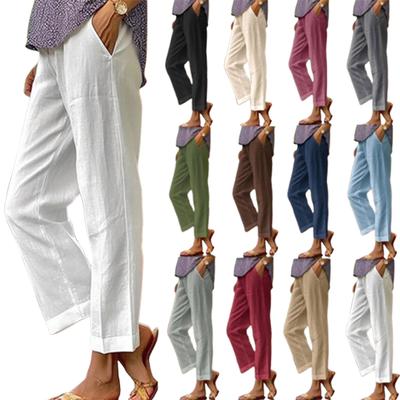 Women's Cotton Linen Trousers Elastic Waist Wide Leg Pants Casual Tracksuit Bottom Joggers