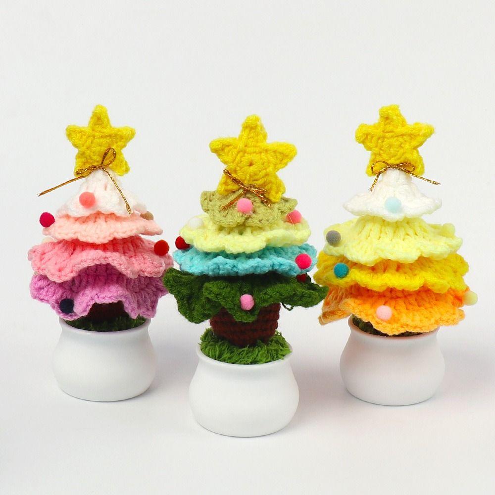 Cute Crochet Christmas Tree Decor Mini Artificial Knitted Tabletop Ornament  Holidays