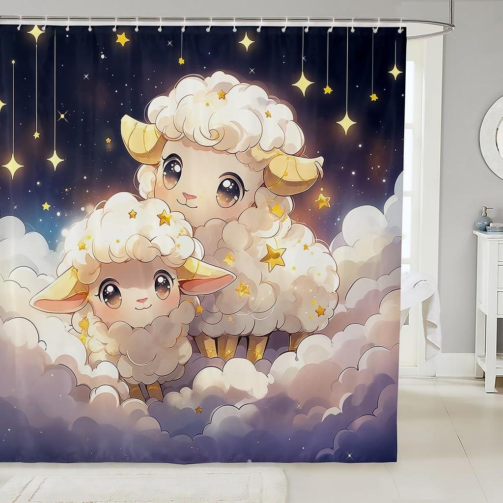 Cartoon Sheep Bath Curtain Cute Farm Animal Shower for Kids Boys Girls,Pink White Flower Floral Bathroom Curtain Botanical