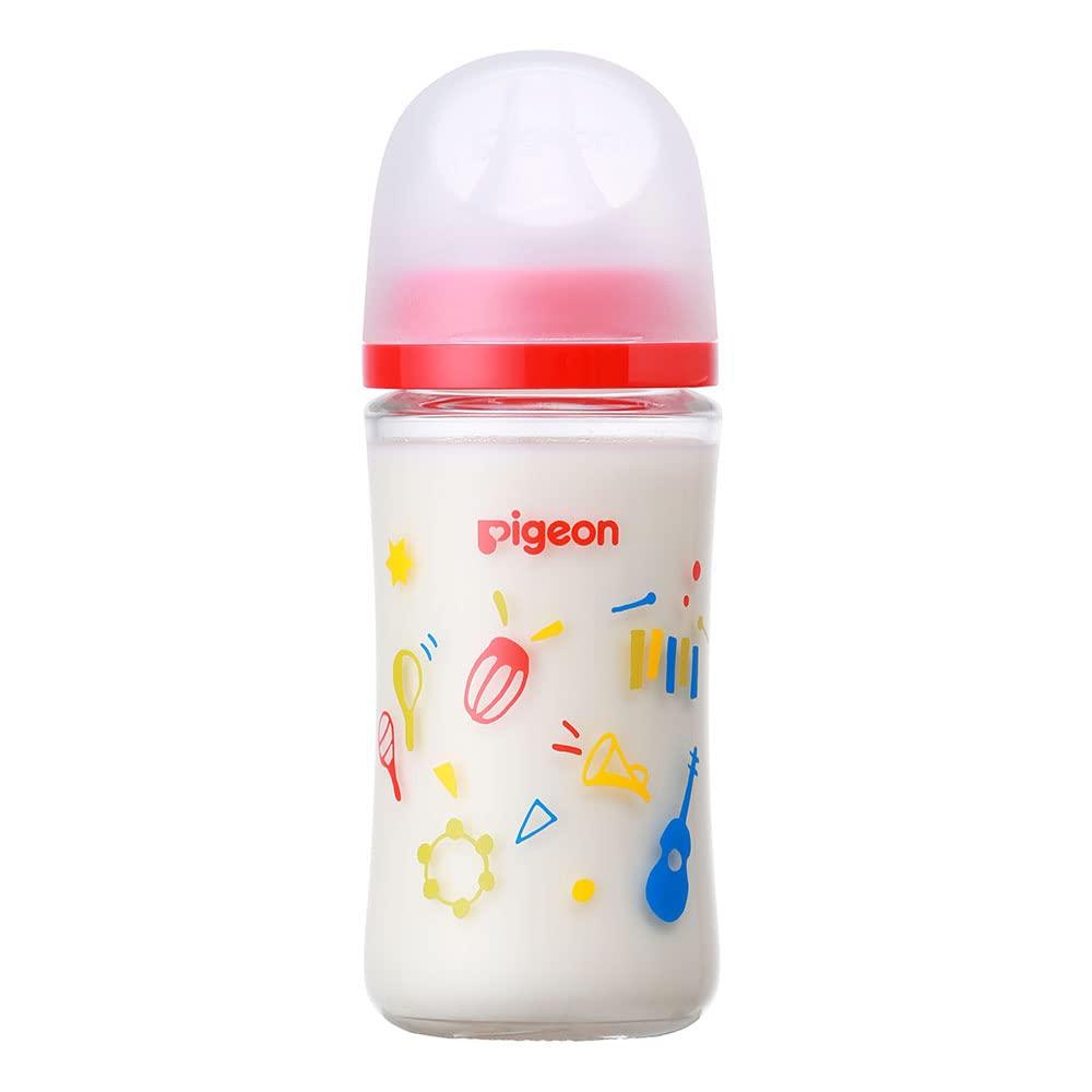 Pigeon Breastmilk Feeling Baby Bottle 240ml for 3 Months and Up Made of Glass That Cools Quickly Music and Hygienic Red Heat-resistant