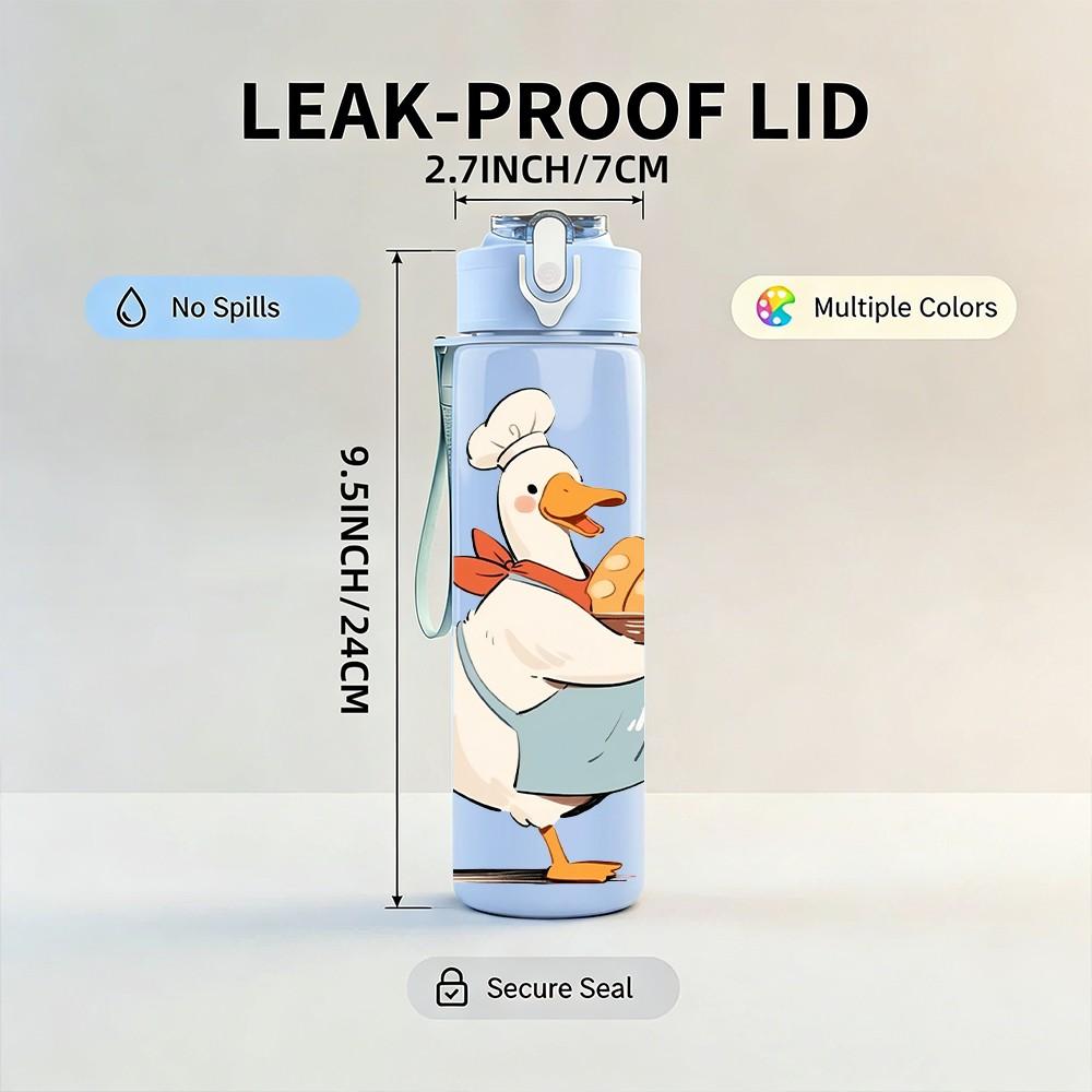 1PC Chef Goose Carrying Bread Loaf Print 750ml Color Plastic Sports Water Bottle Leakproof Flip Straw Lid Suitable for Sports Office Home Use