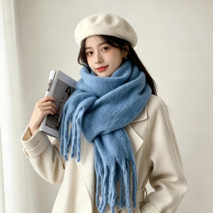 Iceland Blue Grid Scarf New Thickened Women's Winter Warm Atmosphere Student Gift Scarf