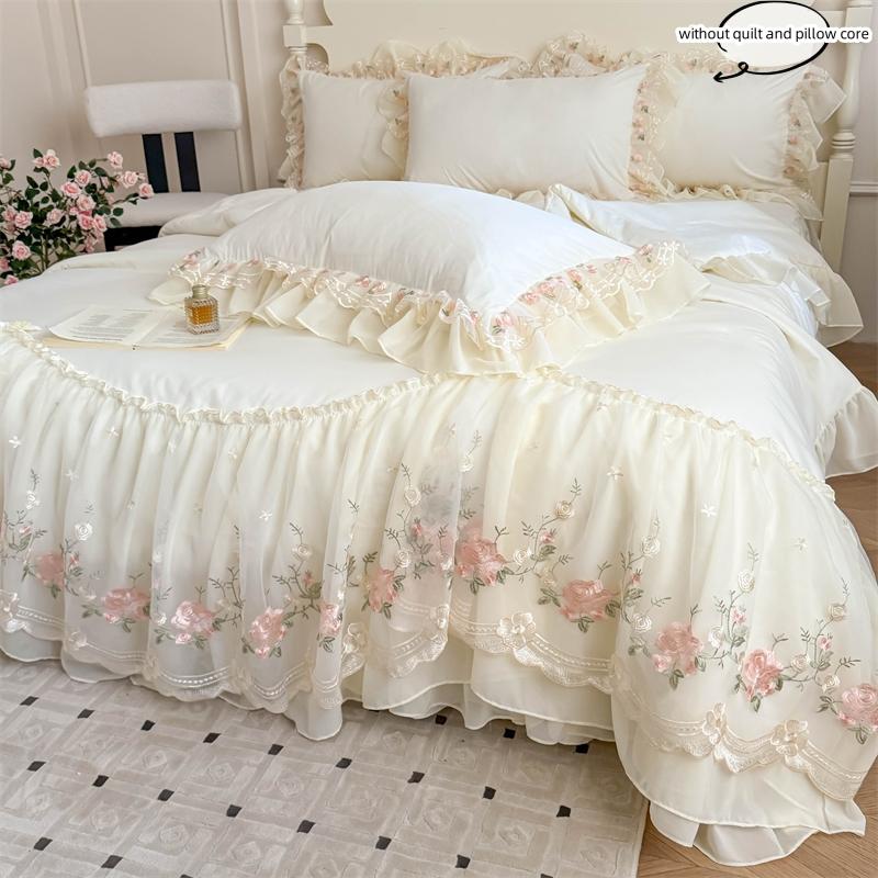 3pcs Korean Style Duvet Cover Set (1*Duvet Cover + 2*Pillowcase, Without Core), Lace Embroidery Bedding Set