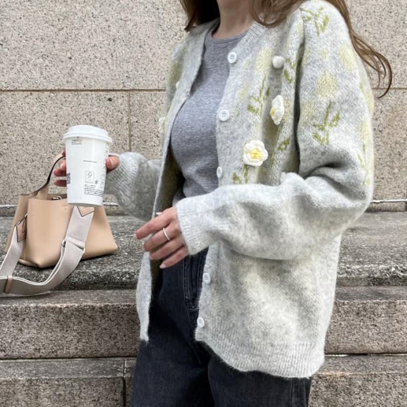 Korean Style Floral Knit Cardigan Women Soft Loose Fit All