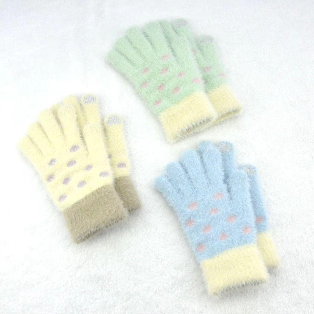 Polka Dot Five-Finger Gloves Touchscreen Warm Gloves Sweet Knitted Gloves Riding