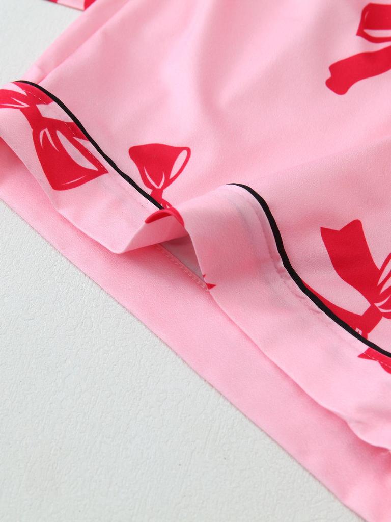 Bow Short-Sleeve Pajama Shorts Set – Stylish Indoor/Outdoor Wear