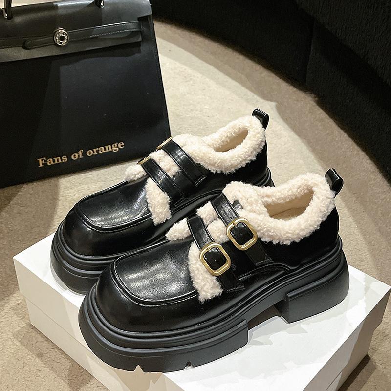 Black Velvet Platform Small Leather Shoes Women'S British Style Autumn And Winter One-Pedal Loafers Mary Jane Shoes