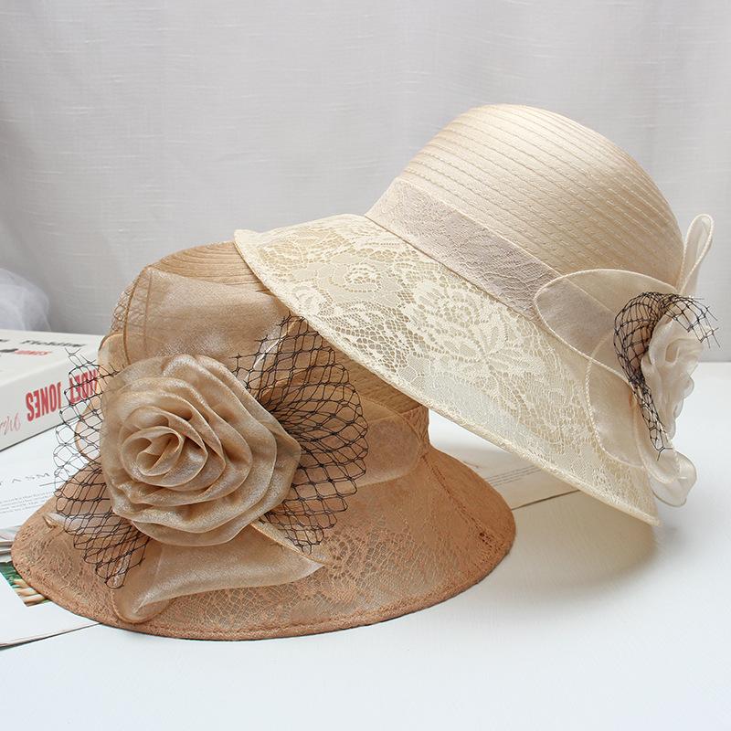 Spring new hat women's spring and summer French organza lace flower folding pot hat travel wide brim fisherman
