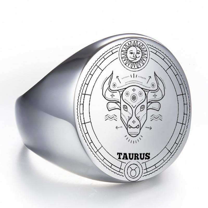 22mm Round Stainless Steel Zodiac Sign Men Ring Retro Fashion Index Finger Ring for Men