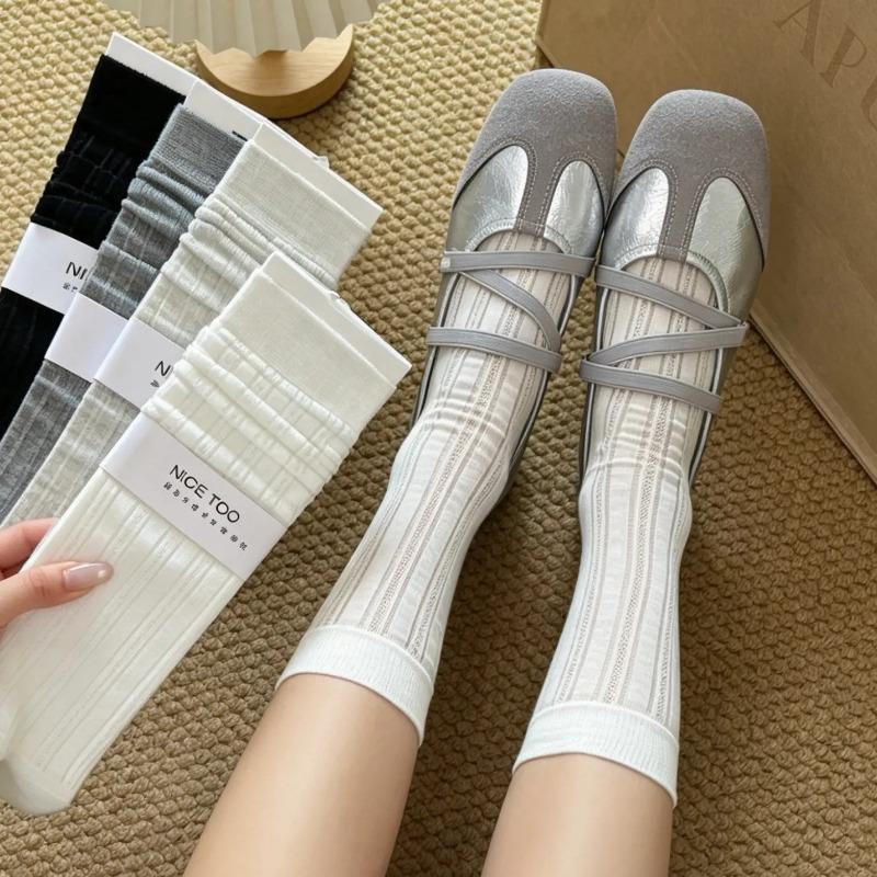 Thin Style Children's Short Tube Striped Sheer Stocking, Solid Color Long Cotton Sock, Versatile and Suitable for All Occasions.