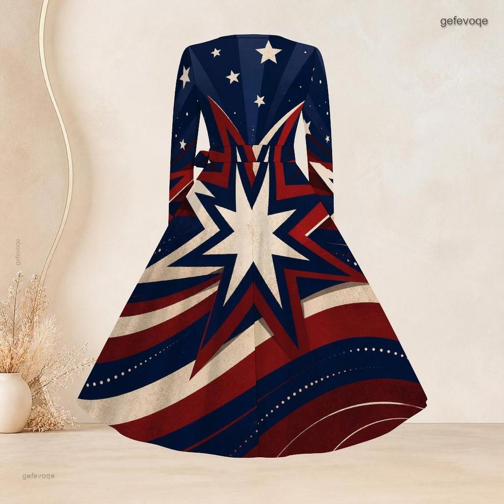 Plus Size Women Square Neck Long Sleeve Dress With Belt Red Blue Gold Star Firework Glitter Print Swing Dress