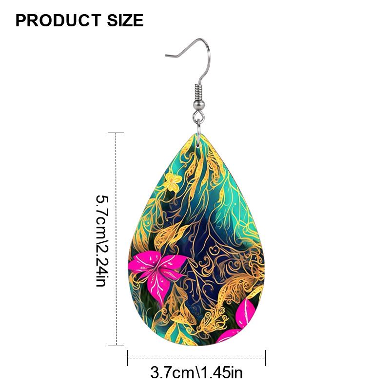 Colorful Fashion Drop Shape PU Leather Earrings for Women Creative Pink Golden Leaf Pattern Drop Earrings
