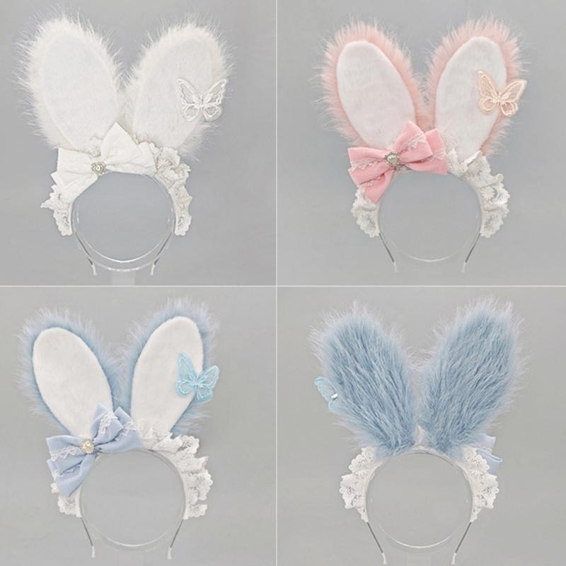 Plush Sweet Rabbit Ears Headband With Elegant Lace And Bowknot Detachable For Cosplay Party And Daily Wear