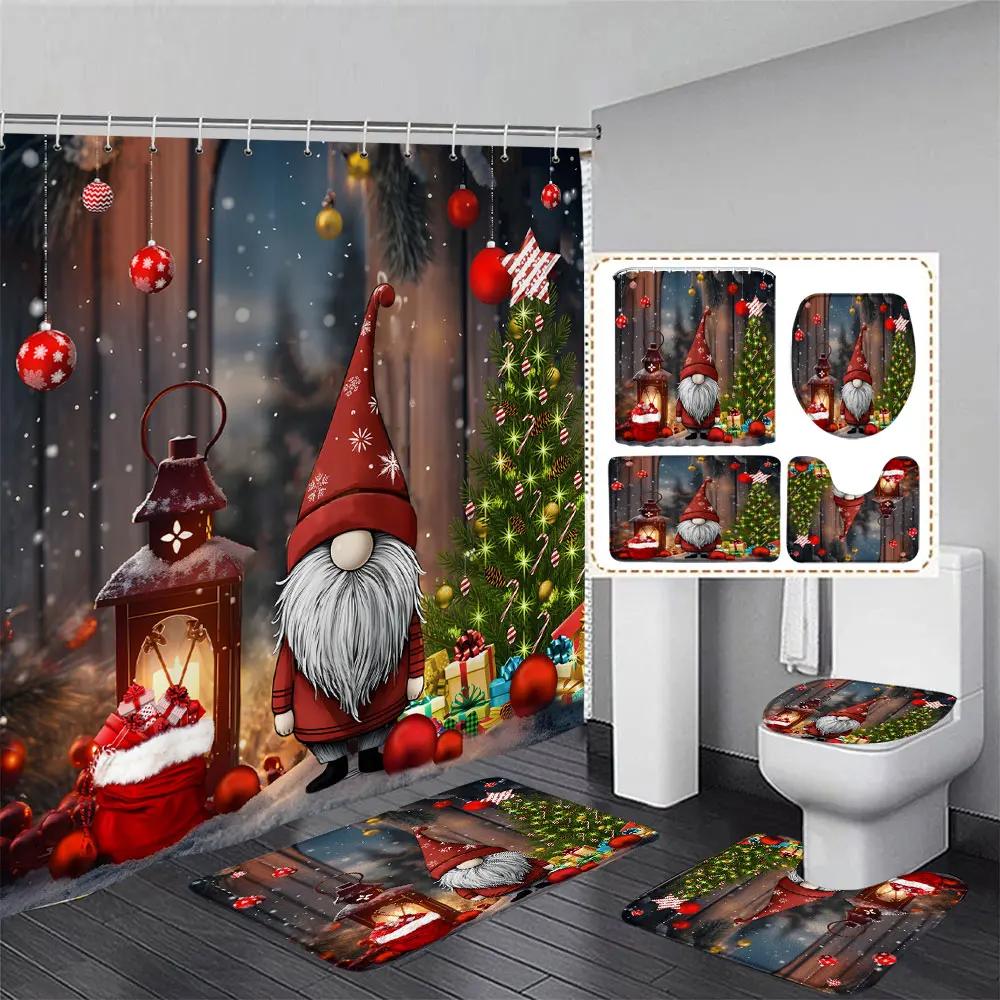 Niedlicher Schneemann-Weihnachts-Duschvorhang-Set, silberne Tannenzweige, Schneeflocken-Weihnachtskugeln, Badezimmer-Dekor, Teppich, Badematte, Toilettendeckelbezug