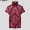 INCERUN Sommer Herren Rollkragen Kurzarm Stitching Mesh Sheer Casual T-shirts T