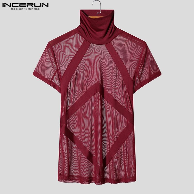 INCERUN Letní pánské rolákové tričko s krátkým rukávem, prošívané síťovinou, průsvitné, ležérní