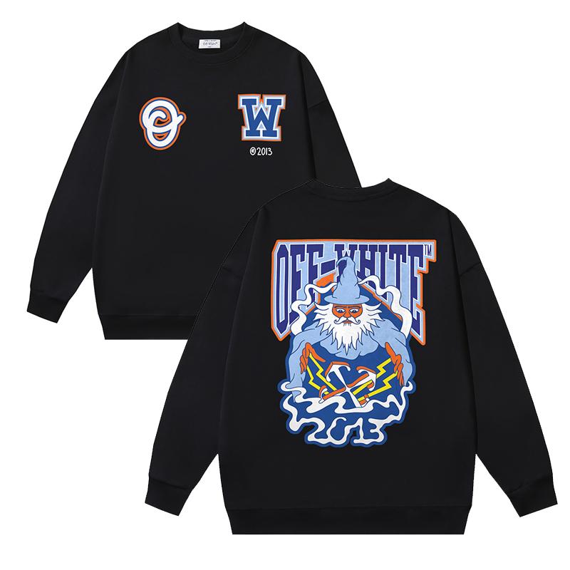 

1111 Off-White 2025 Spring and Autumn New OW Magic Elder Pattern Printed Men s and Women s Round Neck Hoodie M чорний