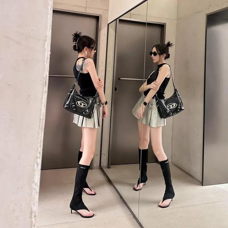 Fashion 2025 Black Open Toe Clip-On Knee Boots Women's Modern Booties Thin Low Heel Side Zip Spring Summer Party Heels Sandals