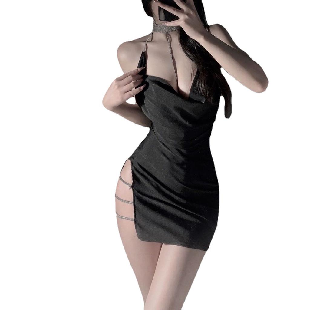 Sexy underwear flash diamond straps sexy neck secretary skirt high slit nightclub