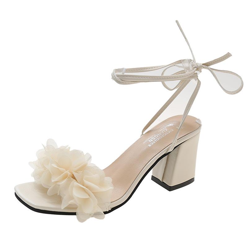 Sandale cu toc înalt de lux cu flori mici, modele noi de vară pentru femei, toc mediu gros, curele