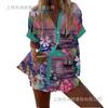 (Imitation Linen) Hot Sale Casual Holiday Shirt Set Beach 1D Printed Shirt Shorts Women's Set