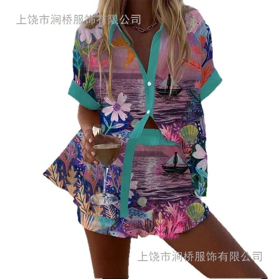(Imitation Linen) Hot Sale Casual Holiday Shirt Set Beach 1D Printed Shirt Shorts Women's Set