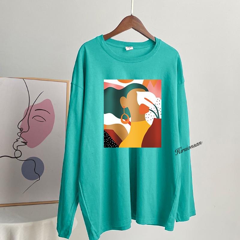 Hirsionsan Vintage Printed Long Sleeve T-shirt Women Loose 100% Cotton O-neck Tees Female Chic Aesthetic Graphic Pullover 2023