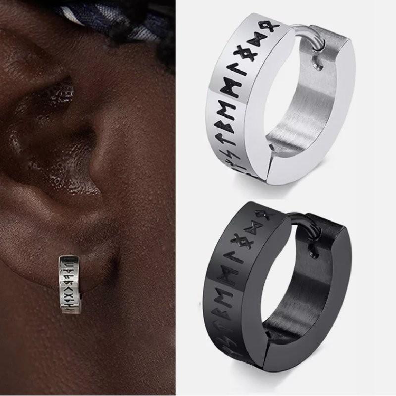 Viking Runeword Hoop Earrings Stainless Steel Ear Buckles Ornaments Jewelry