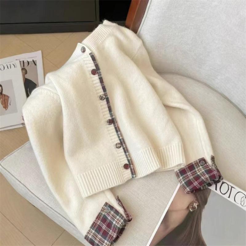 Contrasting color plaid splicing design sense long-sleeved knitted cardigan spring and autumn round neck fake two-piece sweater jacket top women