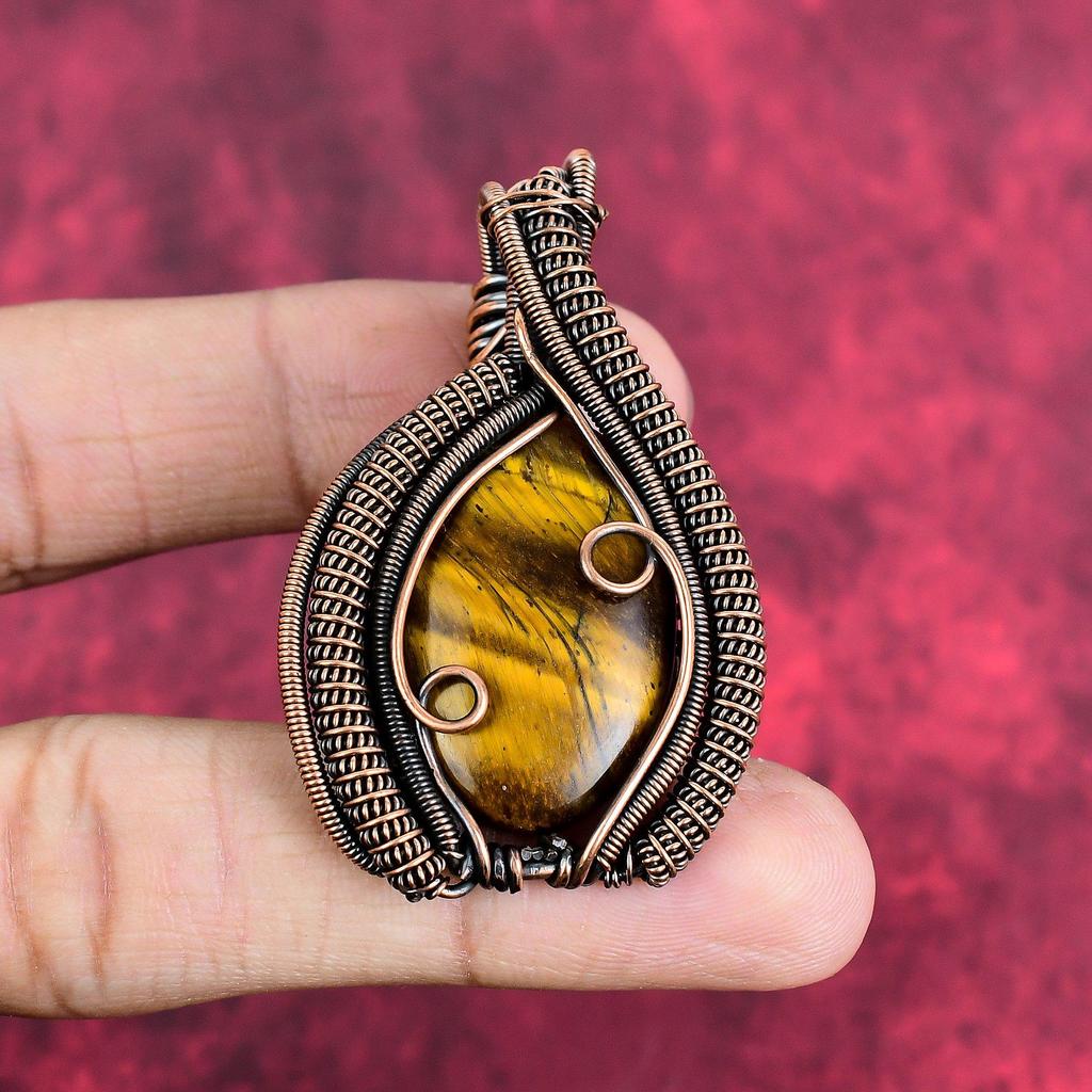 Tiger's Eye Gemstone Pendant Copper Wire Wrapped Pendant Handmade Pendant Healing Stone Pendant Copper Wire Wrapped Jewelry Gifts for Friend