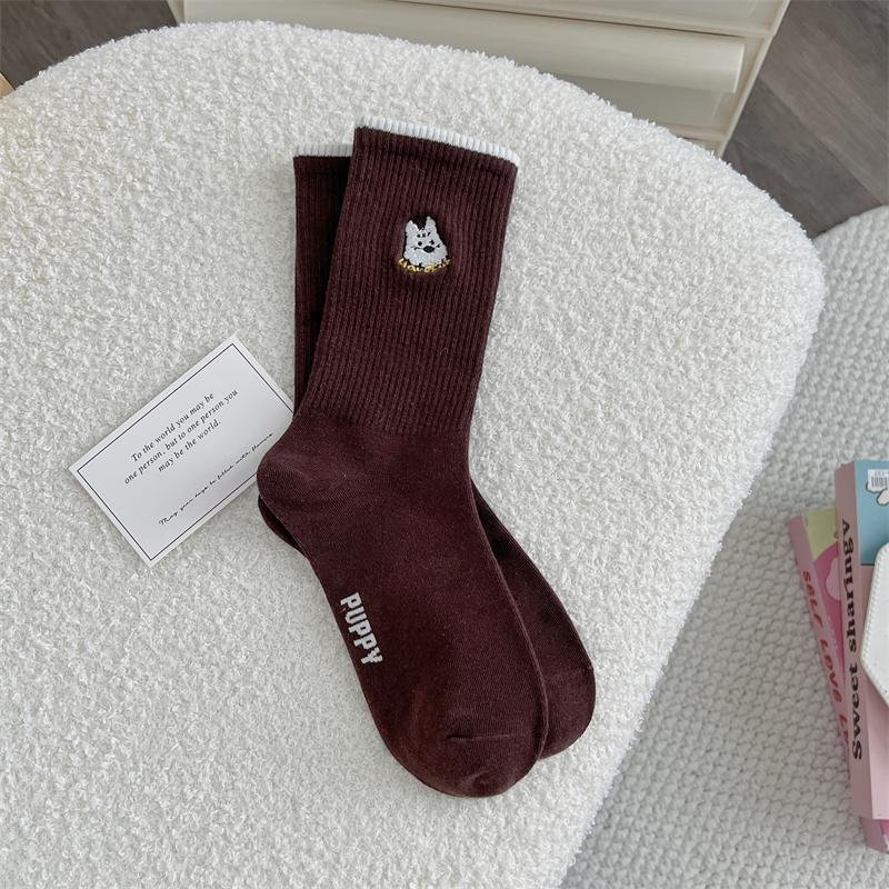 Female Spring and Autumn Sweet Cute Spot Striped Cartoon Dog In The Tube Pile Pile Cotton Socks