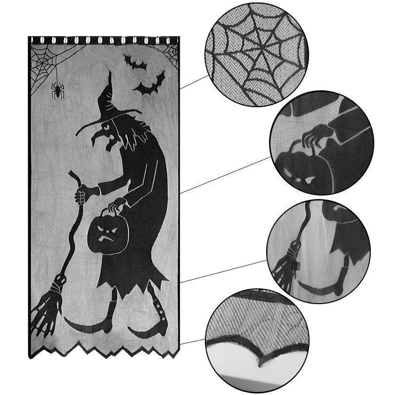 Window Spider Witch Bat Skull Door Curtain Halloween Ghost Festival Black Lace Curtain Halloween Atmosphere Decoration Family Gathering Decoration
