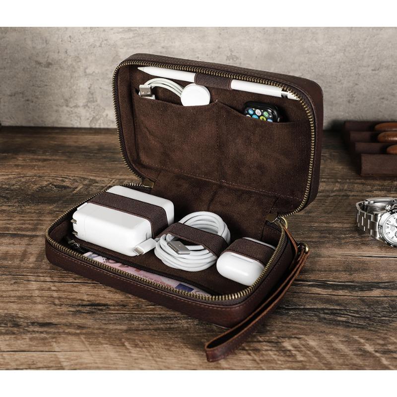 Genuine Leather Phone Cable Storage Bag Zipper Portable