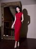 2025 Retro Red Rose Pattern Cheongsam: Dark Copper Silk Jacquard Long Gown