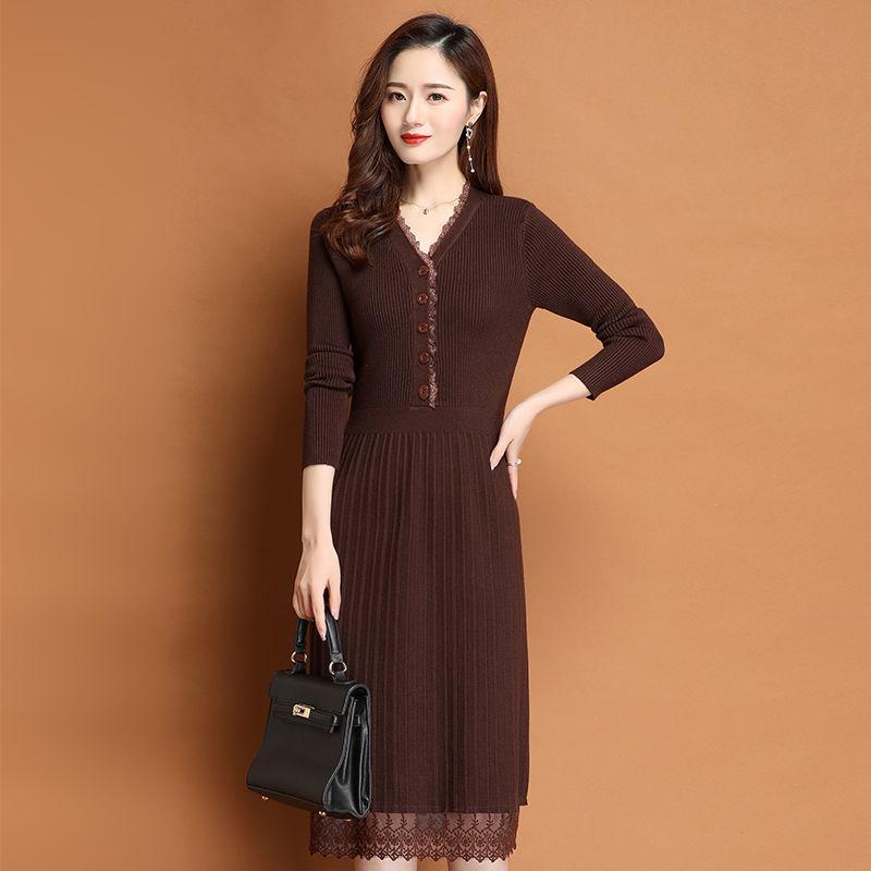 

SCIONE кружевная юбка-свитер с V-образным вырезом, темпераментная юбка средней длины с узким низом, универсальное трикотажное платье для женщин One коричневый