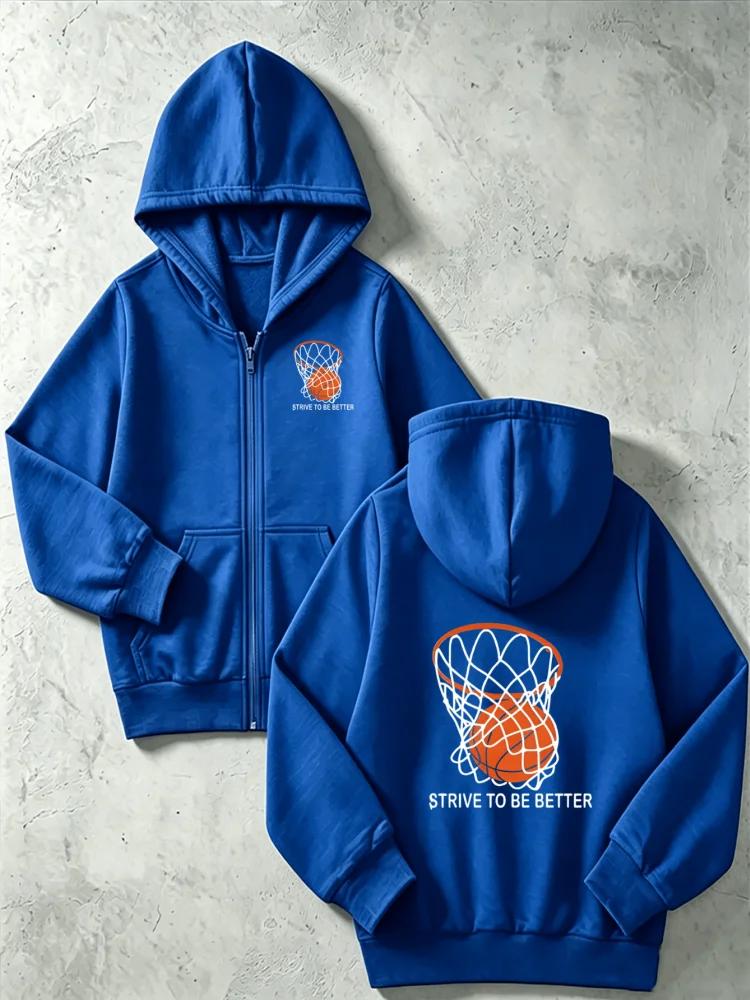 Boys Full Zip Hooded Sweatshirt Orange Basketball Net Graphic Inspirational Text Loose Daily Kids Outerwear With Front Pocket