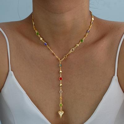 Women's Colorful Crystal Heart Necklaces Simple Long Tassel Gold Color Chain Pendant Necklace Fashion Y-shaped Sweater Chain New