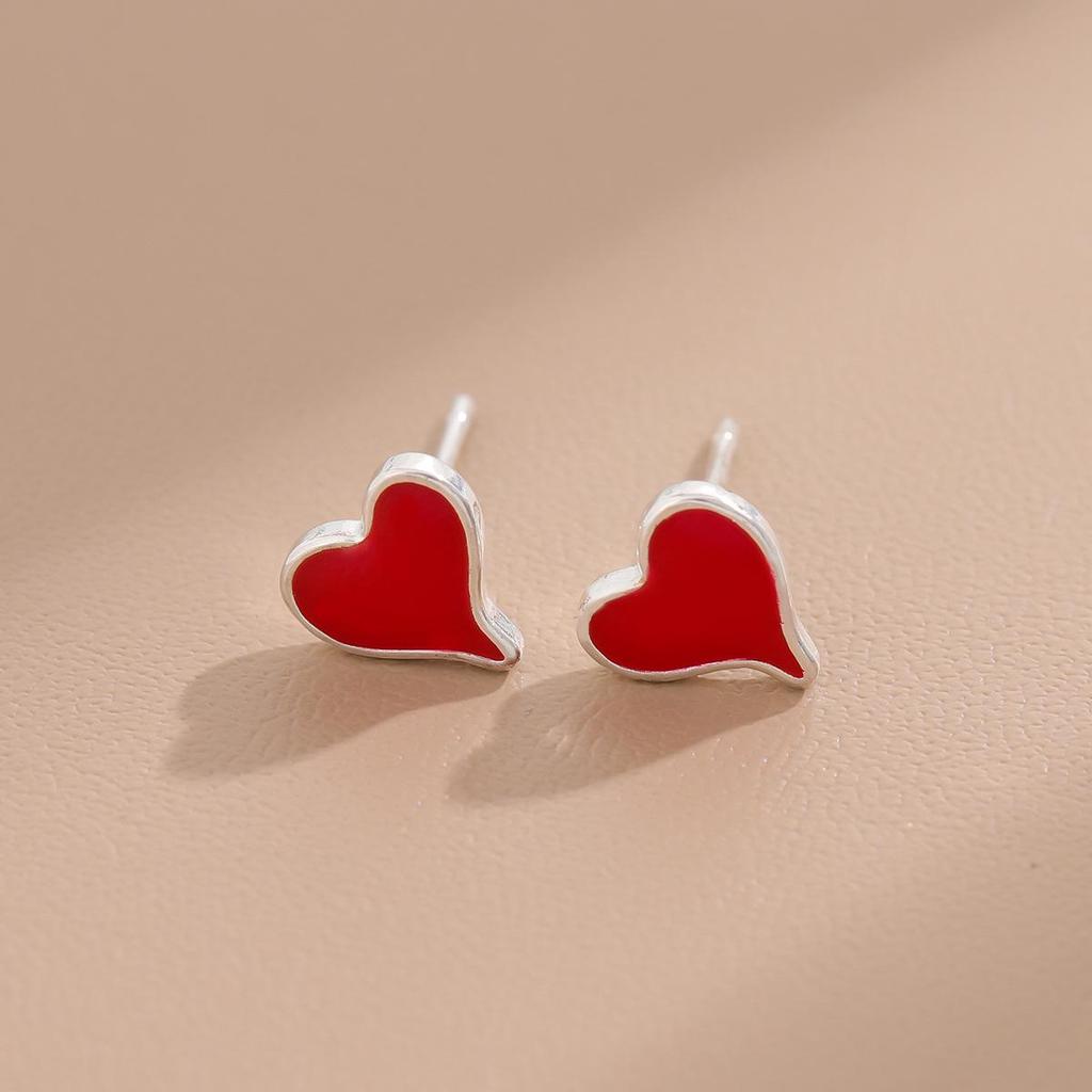 Heart-Shaped Red Epoxy Stud Earrings for Women