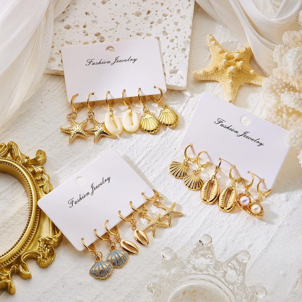 6Pcs Boho Starfish Shell Scallop Earring Set For Women Imitation Pearl Metal Geometric Earring Beach Party Versatile Jewelry