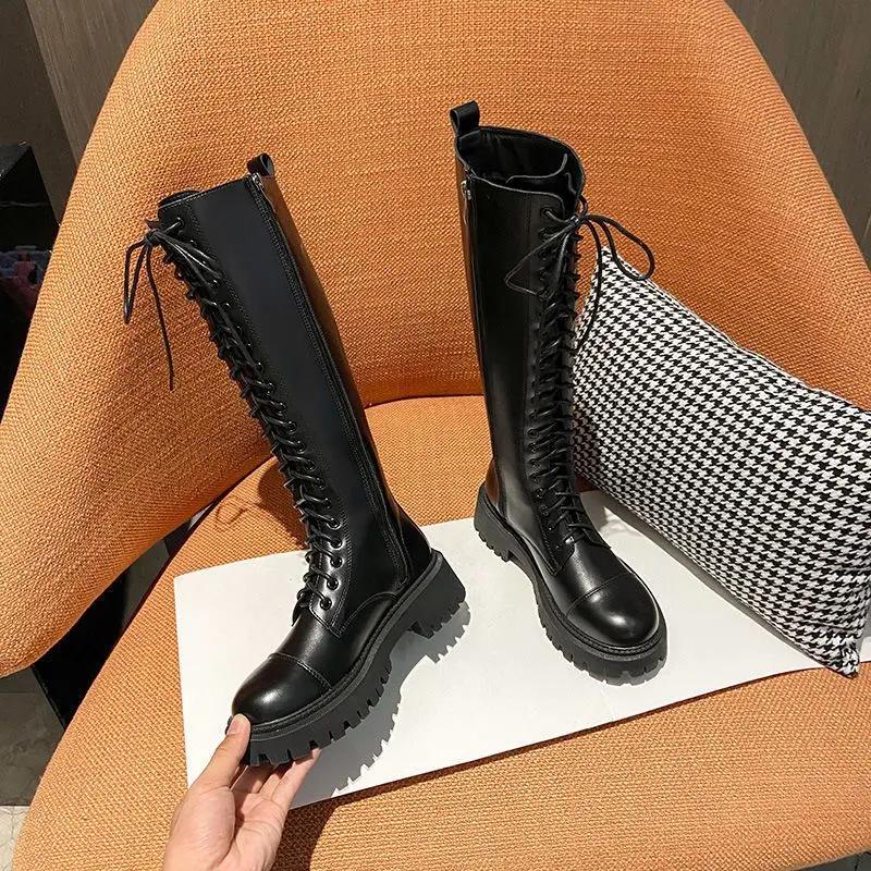 Fashion Women's Long Boots Middle Heel Round Toe Large Size Warm Boot Work New In Ladies Knee High Shaft Shoes Sale Spring Autumn Hot Pu