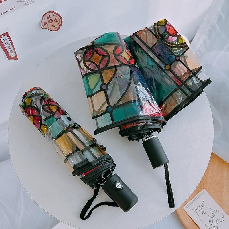 Transparent Glass Painted Umbrella 70% off Automatic Trendy Straight-Handle Umbrella Cute Folding Umbrella for Children and Adults Hepburn Style