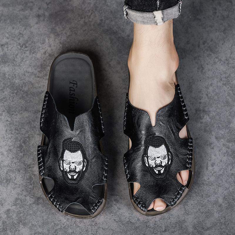 

Летние мужские тапочки на плоской подошве, очень широкие сандалии, уличные пляжные повседневные кожаные сандалии с открытым носком, мягкие прогулочные сандалии EU:38 чёрный