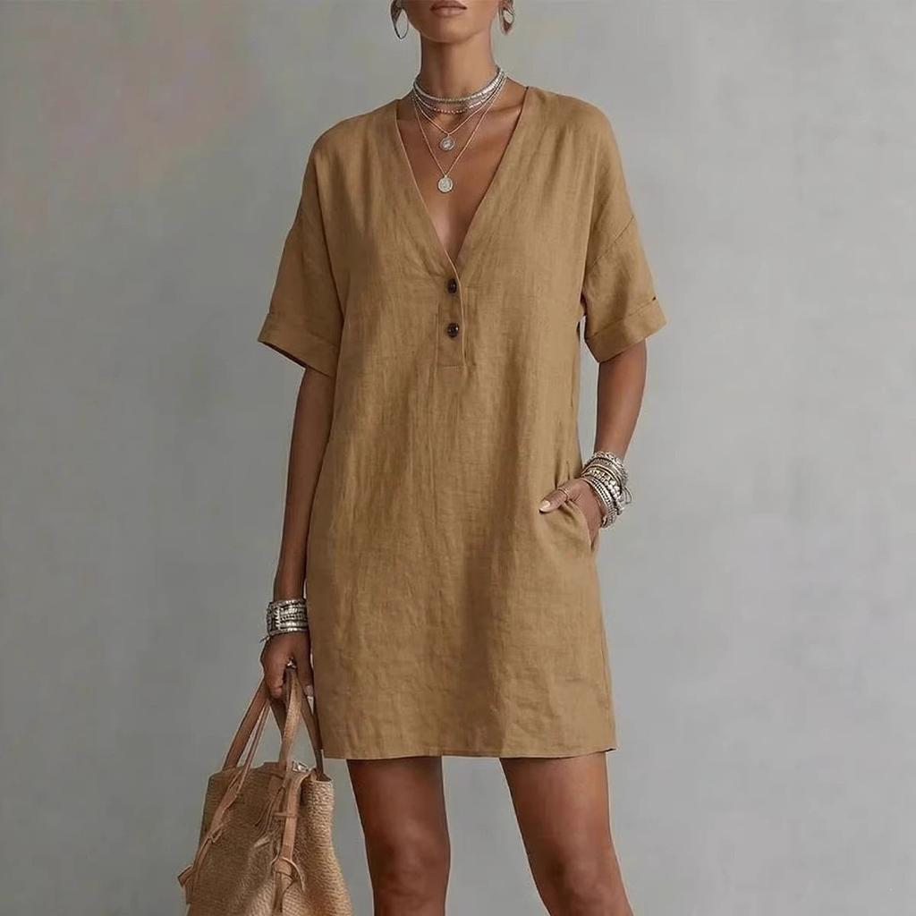 Casual Solid Color Loose V Neck Short Sleeve Button Pocket Midi Dress For Women