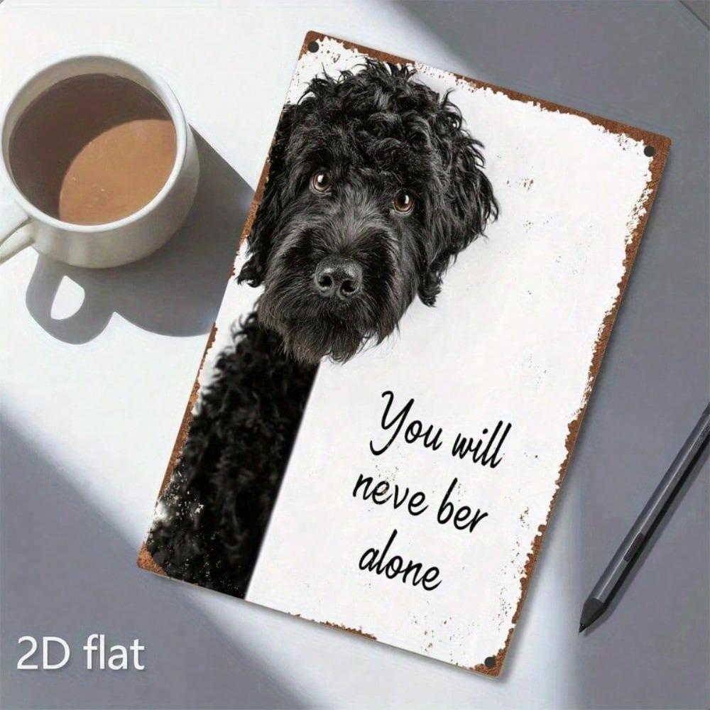 Vintage Black Labradoodle Peeking Behind Rustic Metal Sign Wall Art – 2D Flat Dog Decor, Pet Lover Gift, \Never Alone\