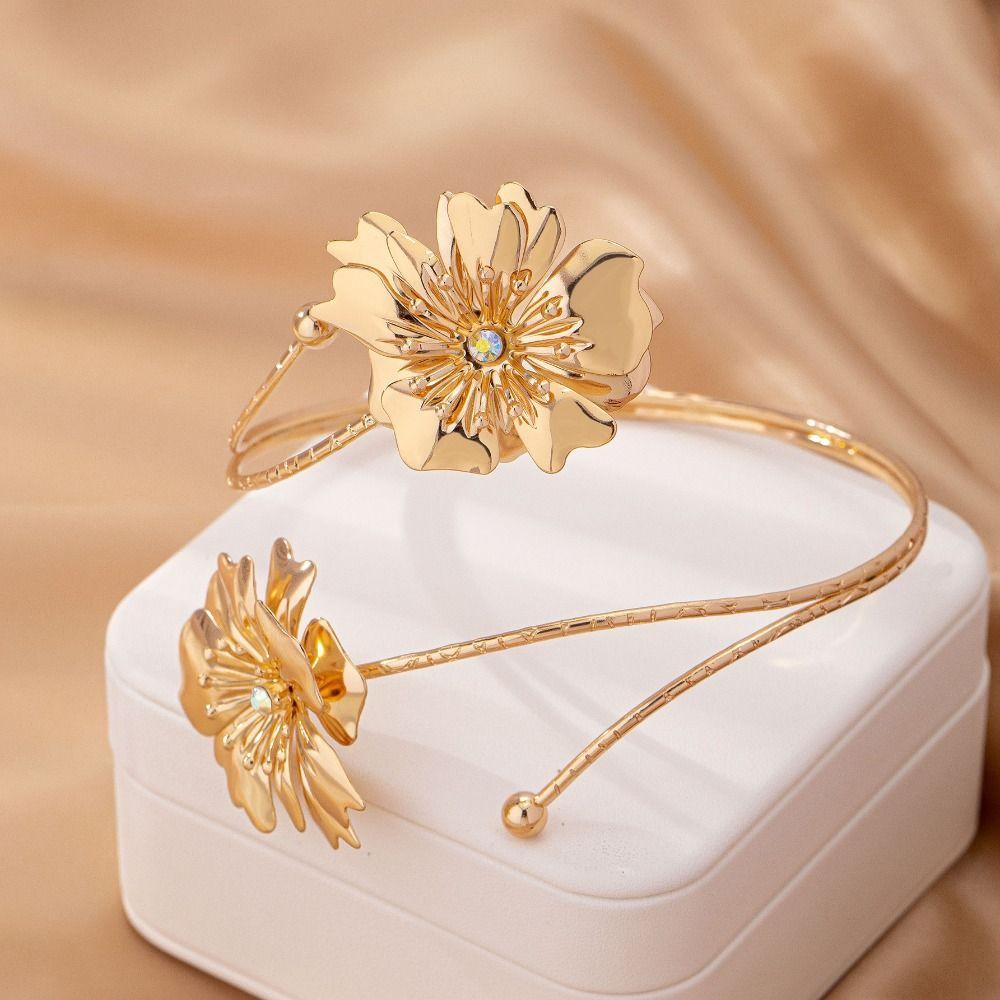 Metal Wide Open Bangle Adjustable Flower Bracelet Chic Arm Bracelet Bridal Wear