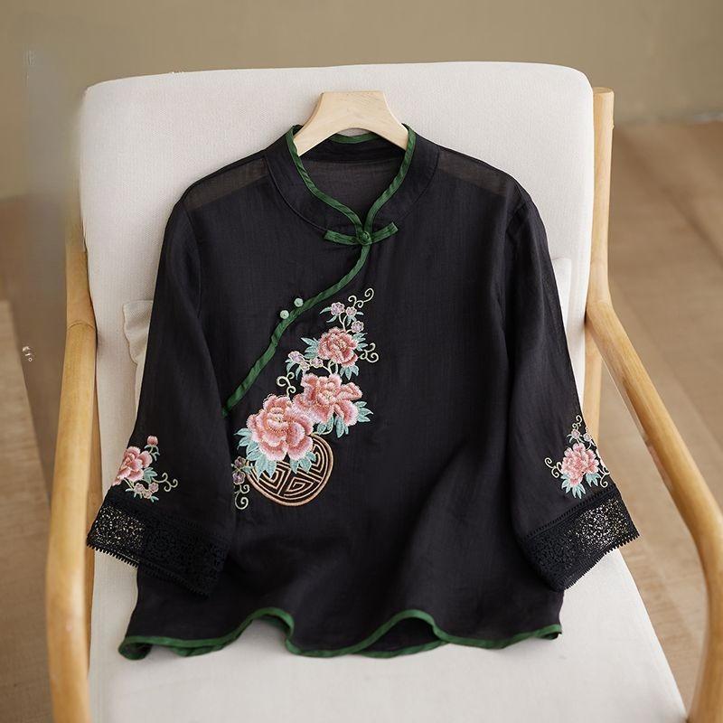 

women s Mandarin Collar Frog Button Embroidered Linen Blouse Chinese Style 3/4 Sleeve Shirt 3XL чорний