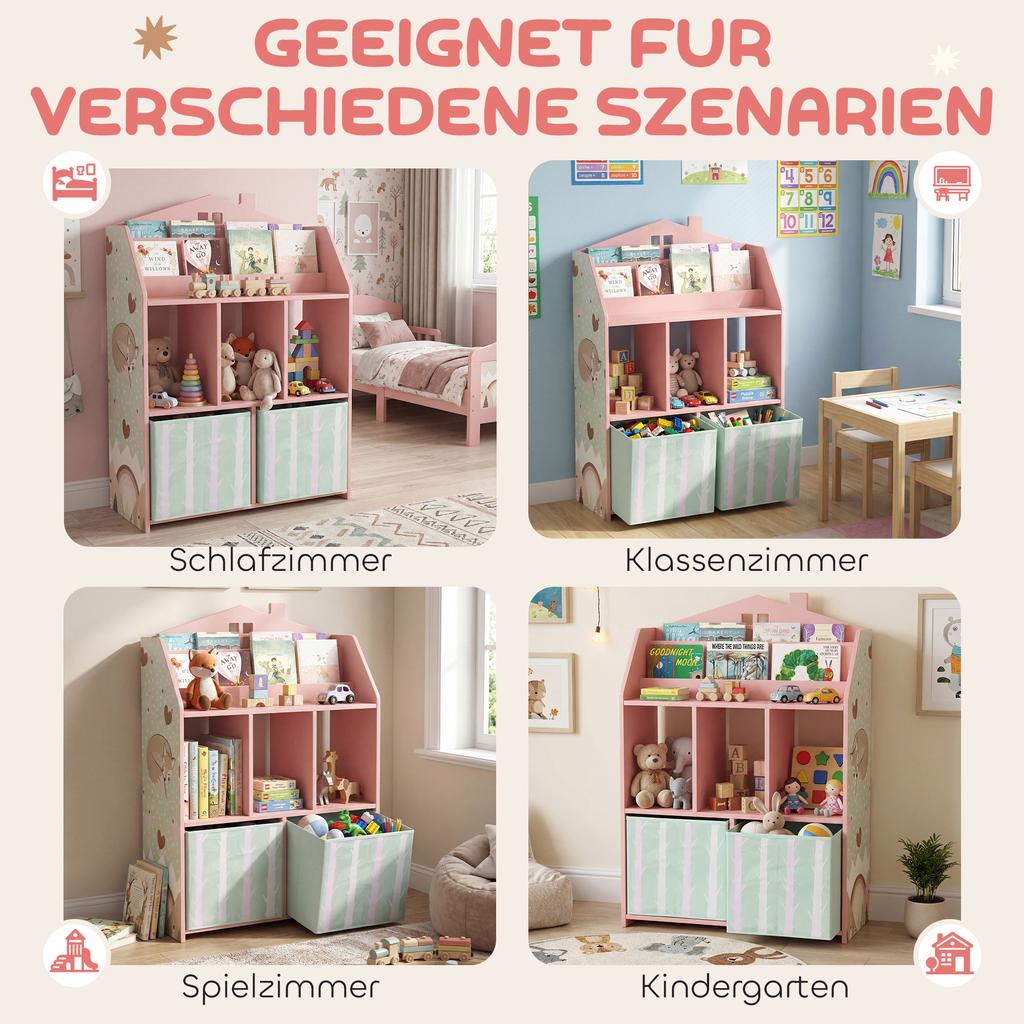 Kids Bookshelf with Storage, Toy Storage Unit with Book Display, Shelves and Fabric Drawers for Playroom Nursery, Pink