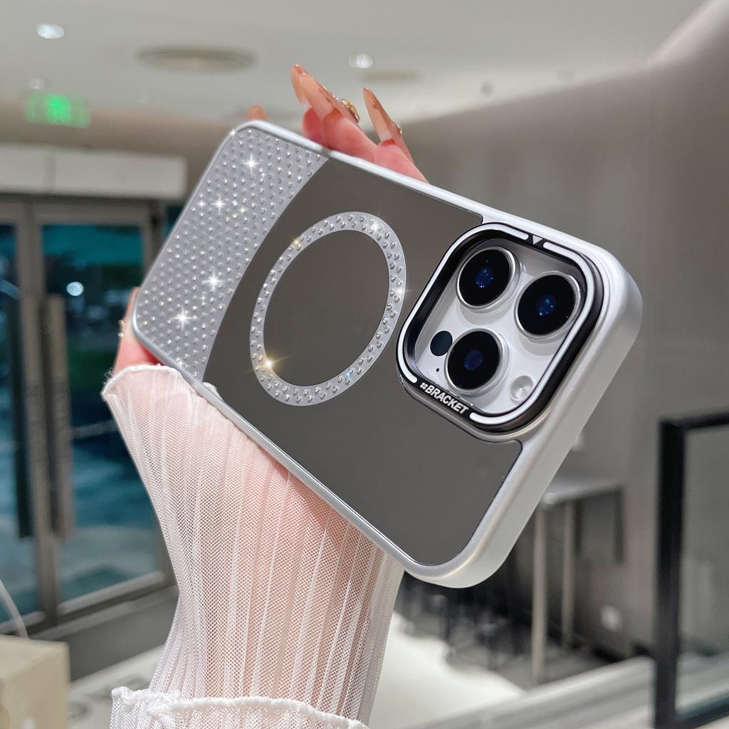 For iPhone 16 Pro Magnetic Case Mirror Surface TPU+PC Phone Cover with Lens Frame Kickstand