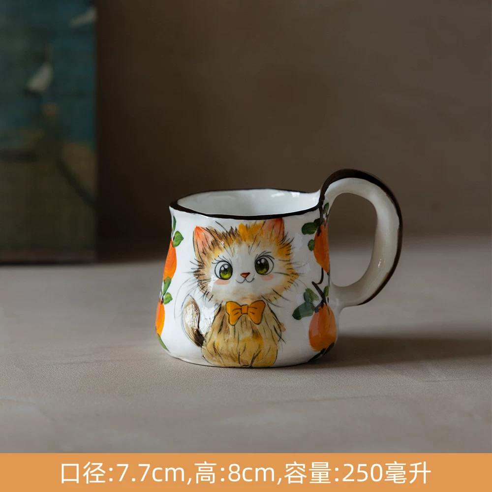 Cute Cat Ceramic Mug,Vintage Hand-Painted Ceramic Mug, Retro Floral Coffee Cup, Handmade Art Teacup for Home Office